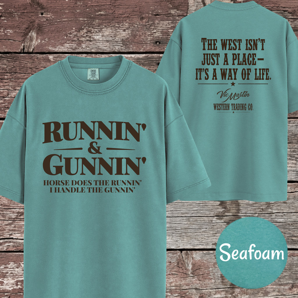Runnin & Gunnin, Horse Does the Runnin I Handle the Gunnin Mounted Shooting T-Shirt